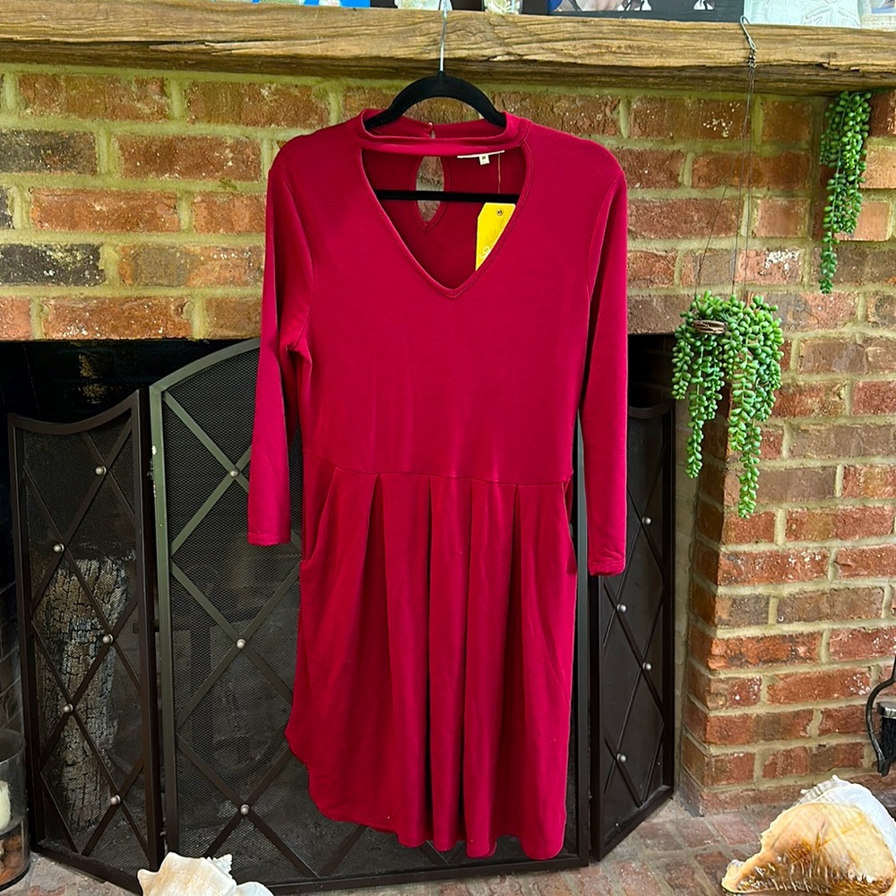 NWT Andre by Unit Red Burgundy A-Line Babydoll Cutout Neck Dress Medium